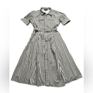 Basque cotton white and army green stripped collard belted lined dress size 16.